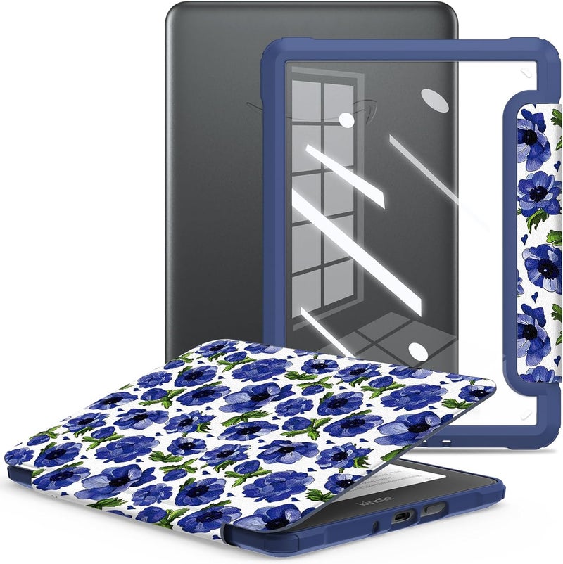 E NET-CASE Case for Kindle Paperwhite 12th Gen 2024 Released (7") & Kindle Colorsoft Signature Edition,Clear Back Shell Durable PU Leather Cover with Auto Sleep Wake,Blue Flowers - Image 1